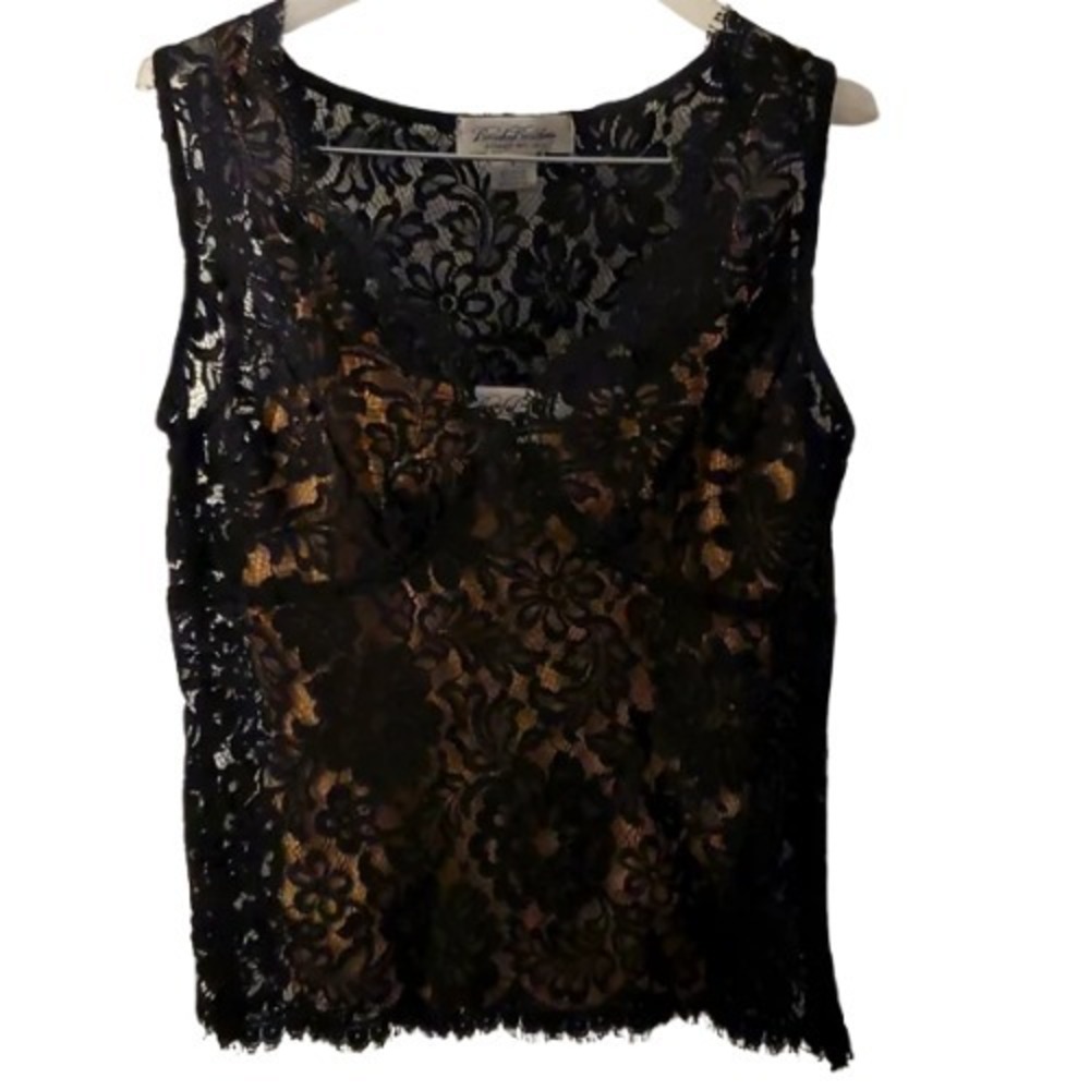 Vintage Brooks Brothers Black Sheer Lace Babydoll Top Scalloped Hem Tank Shell